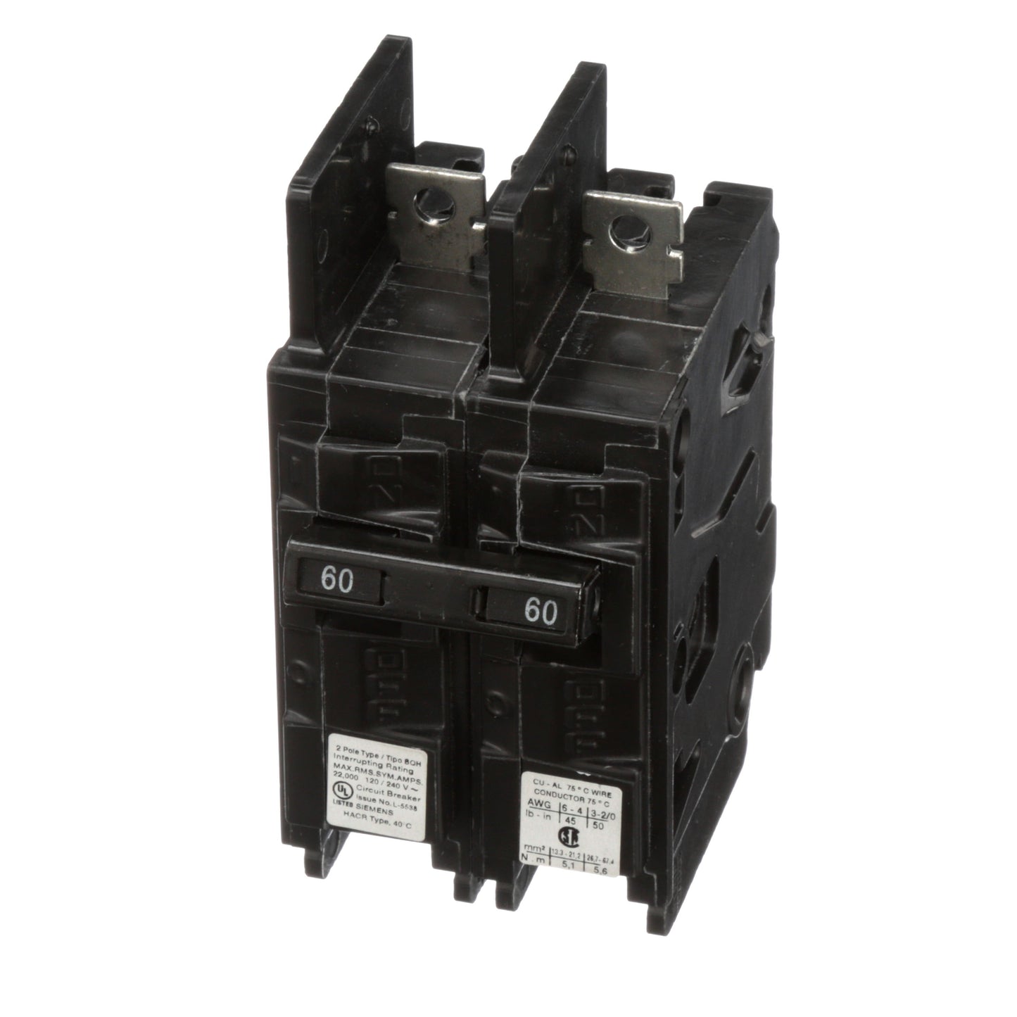 Siemens BQ2B060H Circuit Breaker | 120/240V 60A 2P 22kA@240V Bolt-on BQ Series