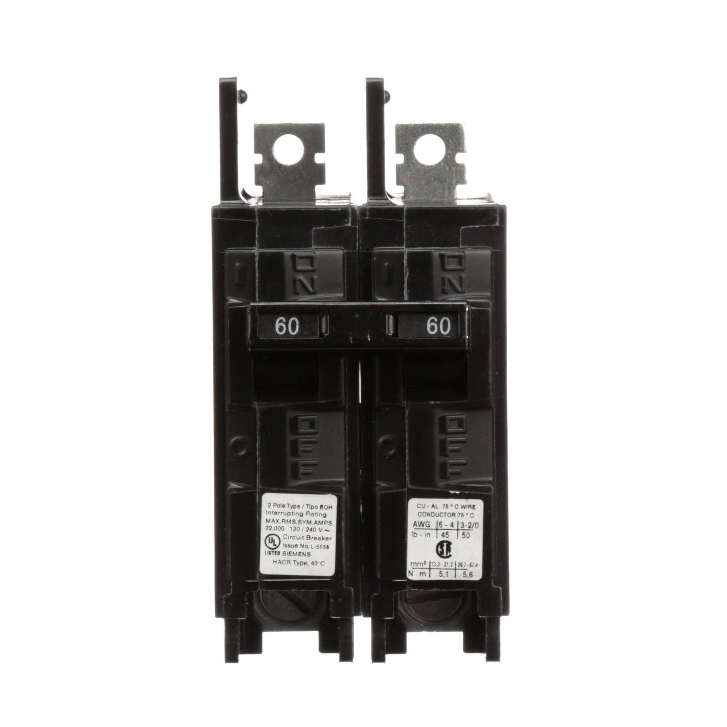 Siemens BQ2B060H Circuit Breaker | 120/240V 60A 2P 22kA@240V Bolt-on BQ Series