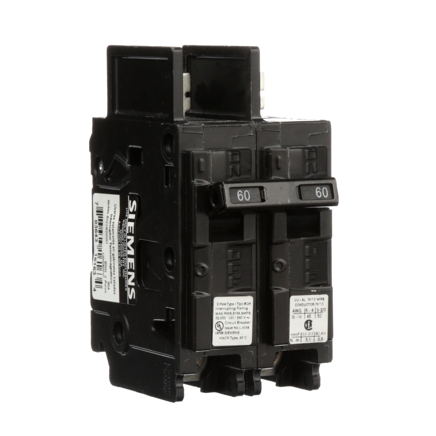 Siemens BQ2B060H Circuit Breaker | 120/240V 60A 2P 22kA@240V Bolt-on BQ Series