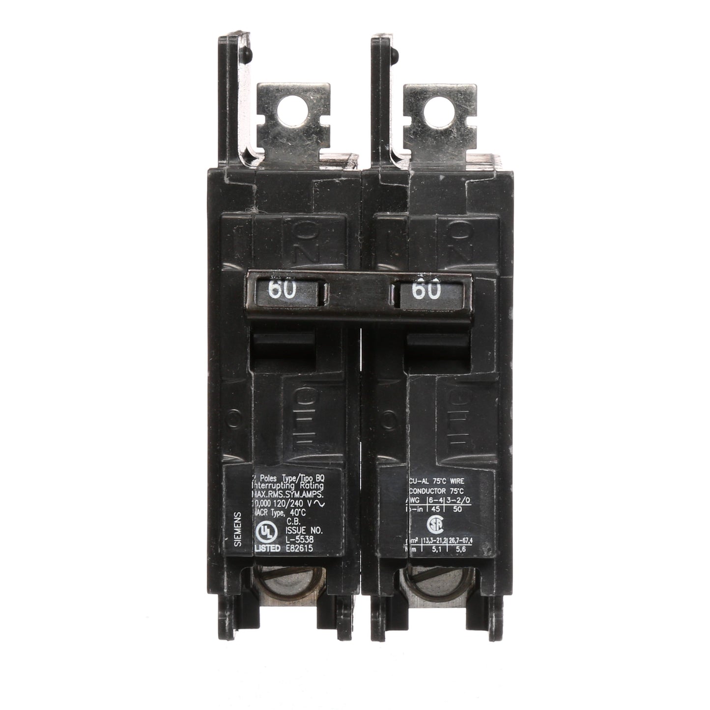 Siemens BQ2B060 Circuit Breaker | 120/240V 60A 2P 10kA@240V Bolt-on BQ Series