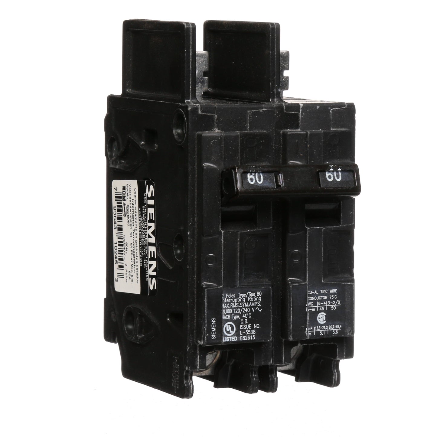 Siemens BQ2B060 Circuit Breaker | 120/240V 60A 2P 10kA@240V Bolt-on BQ Series