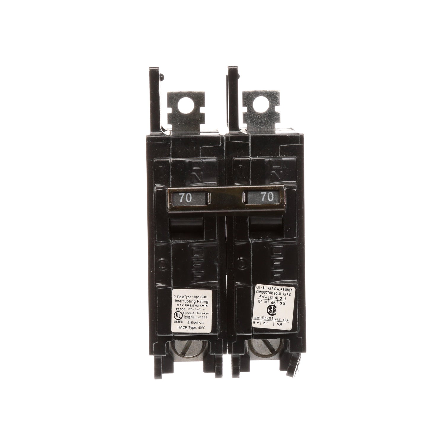 Siemens BQ2B070H Molded Case Circuit Breaker | 120/240V 70A 2P 22kA@240V Bolt-on BQ Series