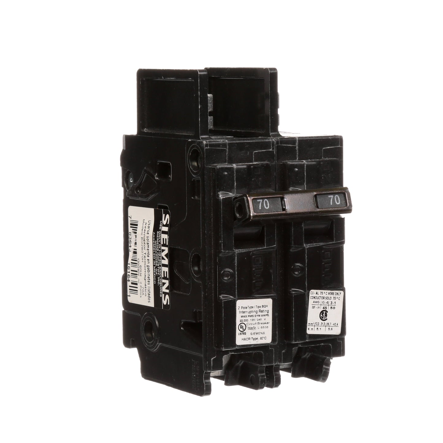 Siemens BQ2B070H Molded Case Circuit Breaker | 120/240V 70A 2P 22kA@240V Bolt-on BQ Series