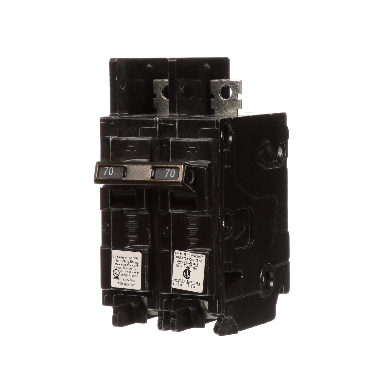Siemens BQ2B070H Molded Case Circuit Breaker | 120/240V 70A 2P 22kA@240V Bolt-on BQ Series