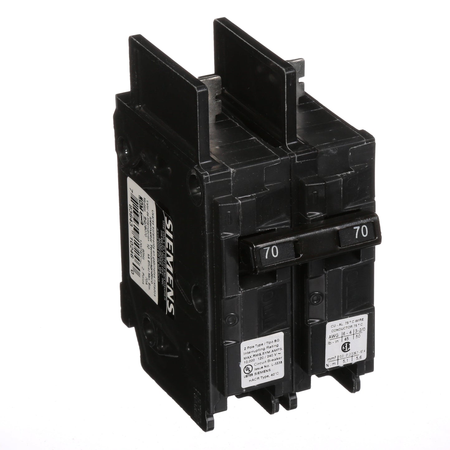 Siemens BQ2B070 Circuit Breaker | 120/240V 70A 2P 10kA@240V Bolt-On BQ Series