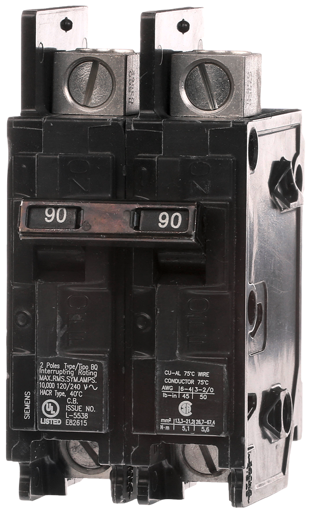 BQ2B090L - Siemens Feed-Thru 240V 90A 2 pole circuit breaker 10kA@240V - Essential Electric Supply
