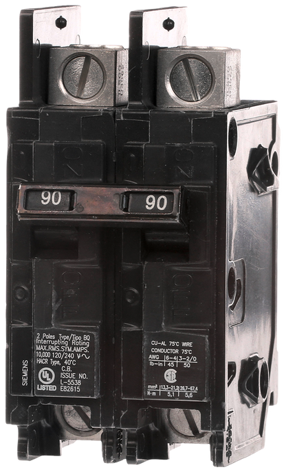 BQ2B090L - Siemens Feed-Thru 240V 90A 2 pole circuit breaker 10kA@240V - Essential Electric Supply