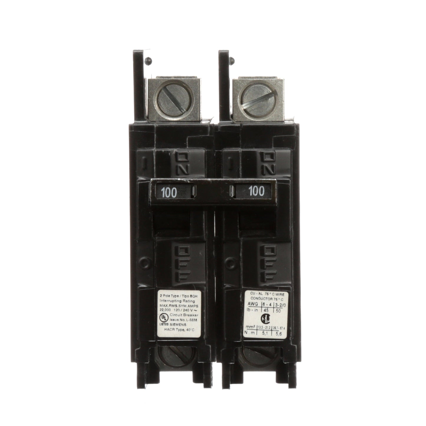 Siemens BQ2B100HL Circuit Breaker | 240V 100A 2P 22kA@240V Feed-Thru BQ Series