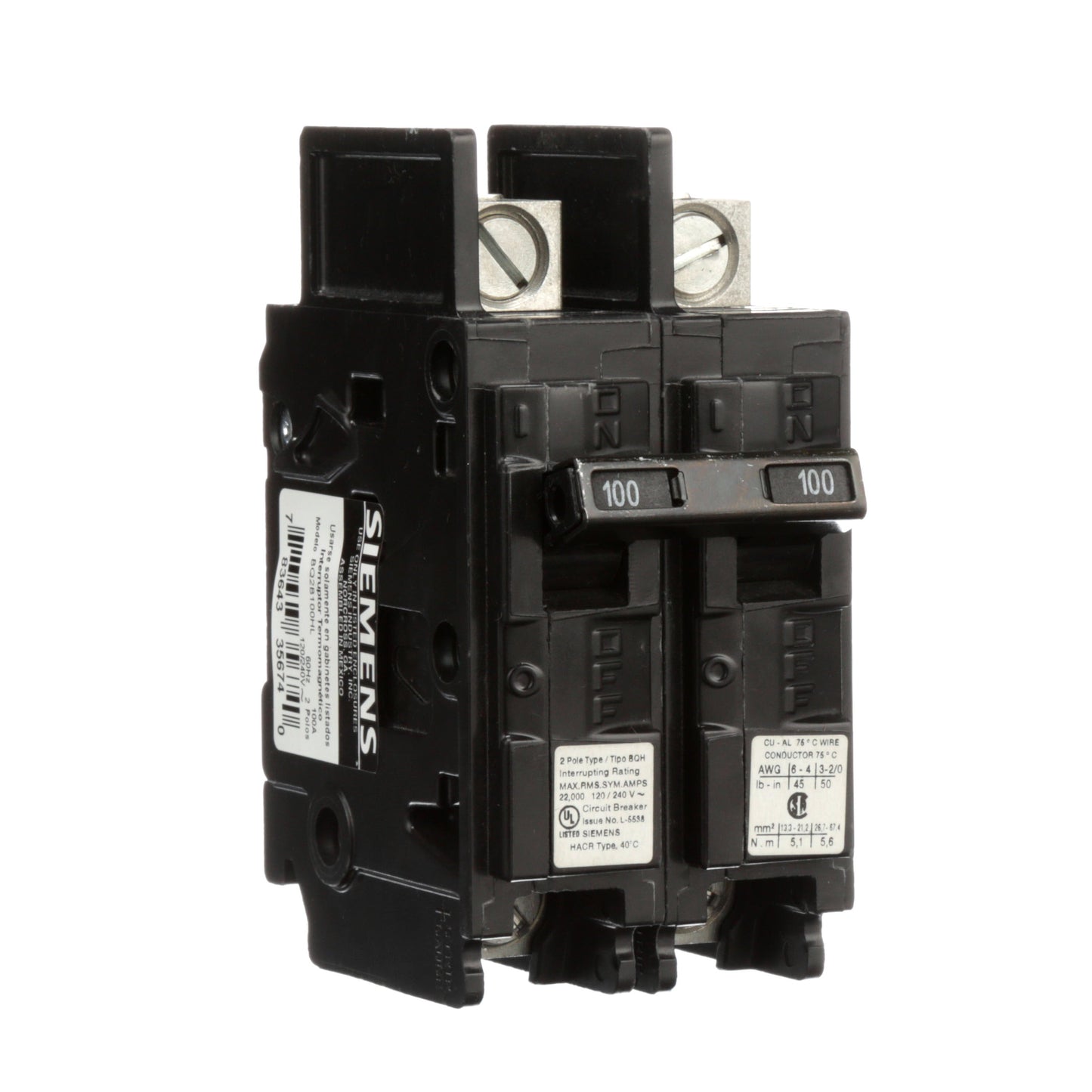 Siemens BQ2B100HL Circuit Breaker | 240V 100A 2P 22kA@240V Feed-Thru BQ Series