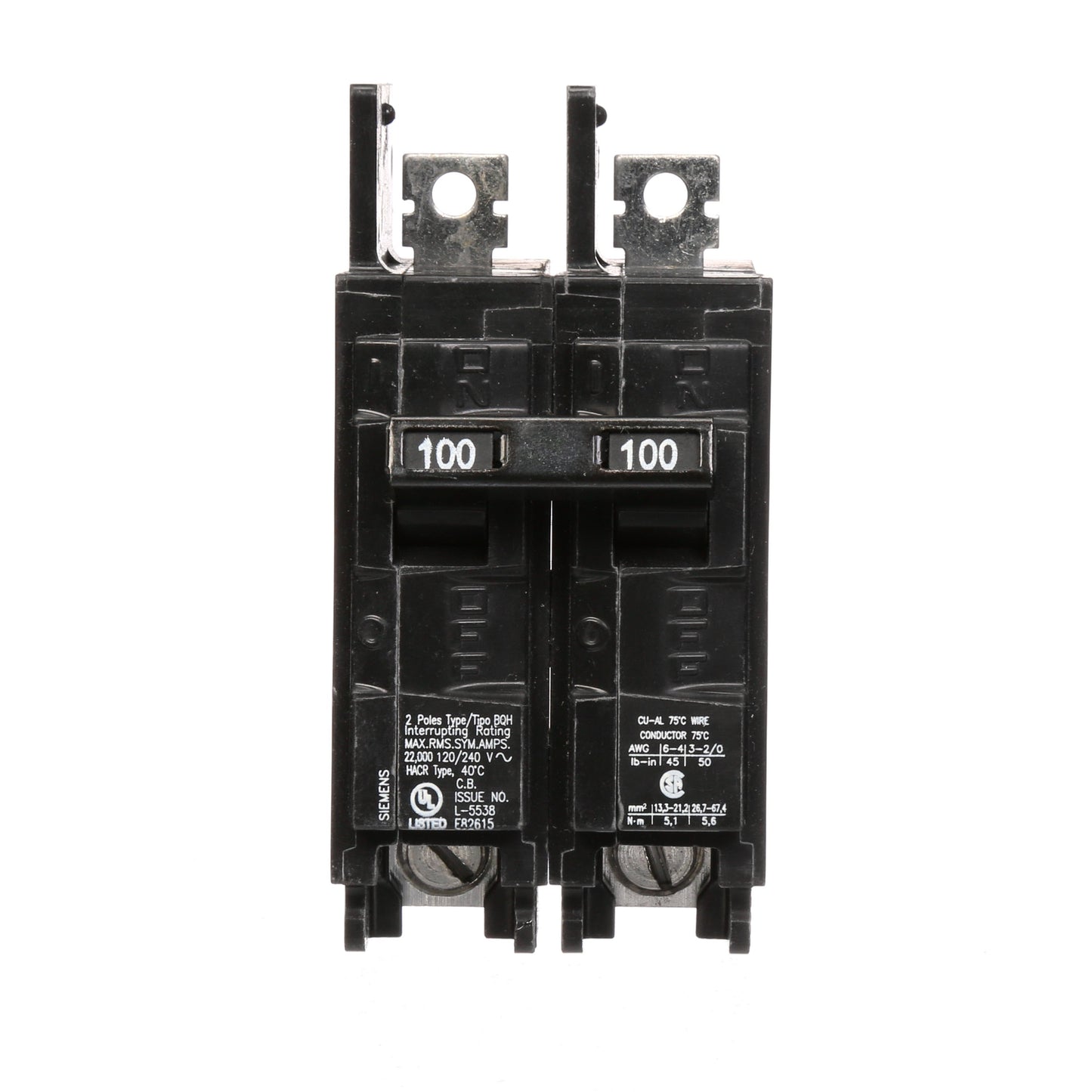 Siemens BQ2B100H Molded Case Circuit Breaker | 120/240V 100A 2P 22kA@240V Bolt-on BQ Series
