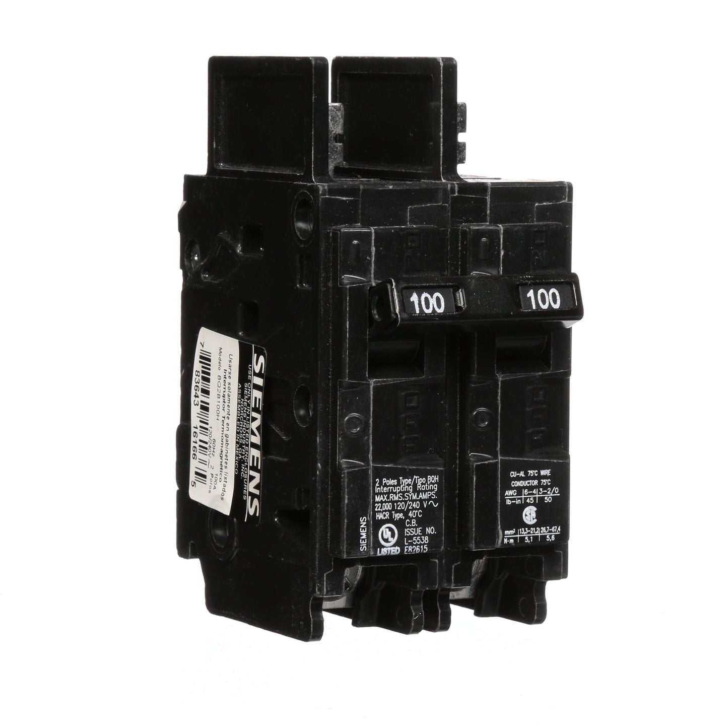 Siemens BQ2B100H Molded Case Circuit Breaker | 120/240V 100A 2P 22kA@240V Bolt-on BQ Series