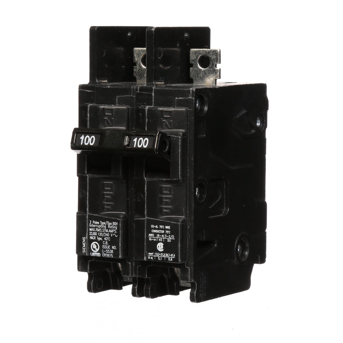 Siemens BQ2B100H Molded Case Circuit Breaker | 120/240V 100A 2P 22kA@240V Bolt-on BQ Series