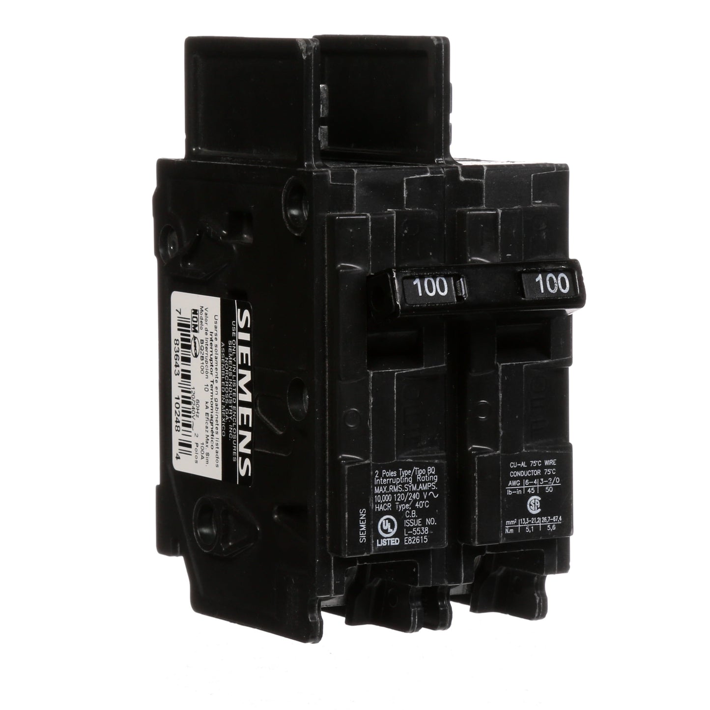 Siemens BQ2B100 Circuit Breaker | 120/240V 100A 2P 10kA@240V Bolt-on BQ Series