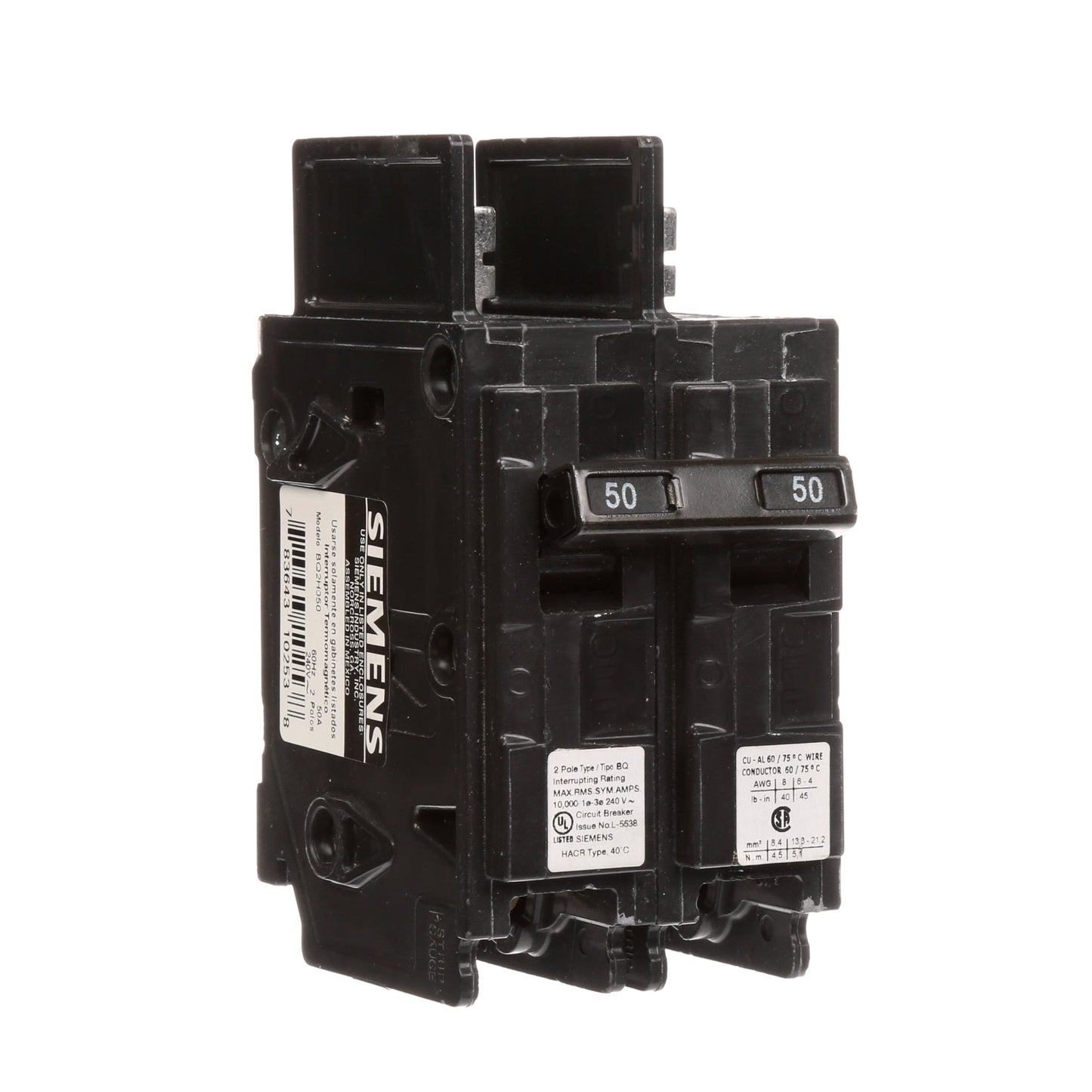 Siemens BQ2H050 Circuit Breaker | 240V 50A 2P 10kA@240V Bolt-On BQ Series