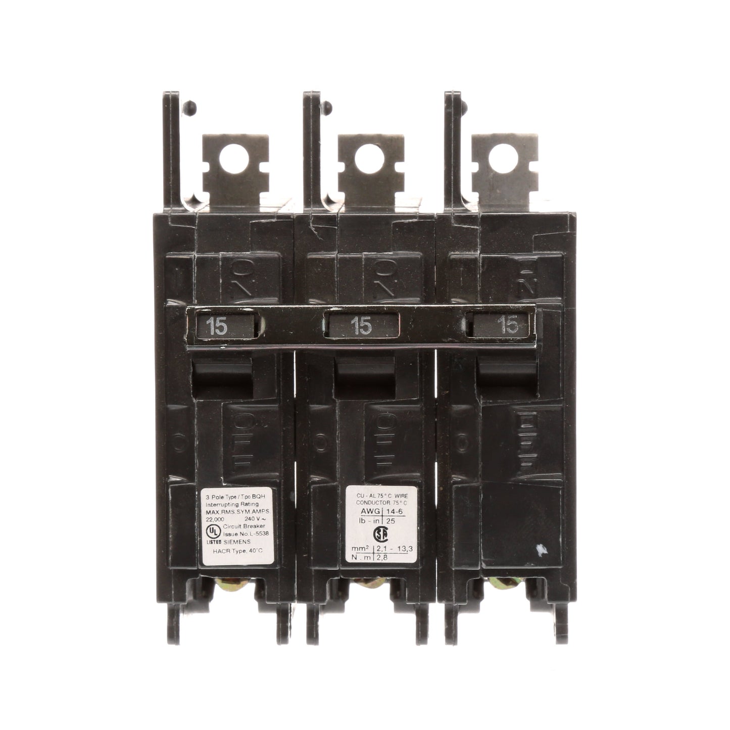 Siemens BQ3B015H Molded Case Circuit Breaker | 240V 15A 3P 22kA@240V Bolt-on BQ Series