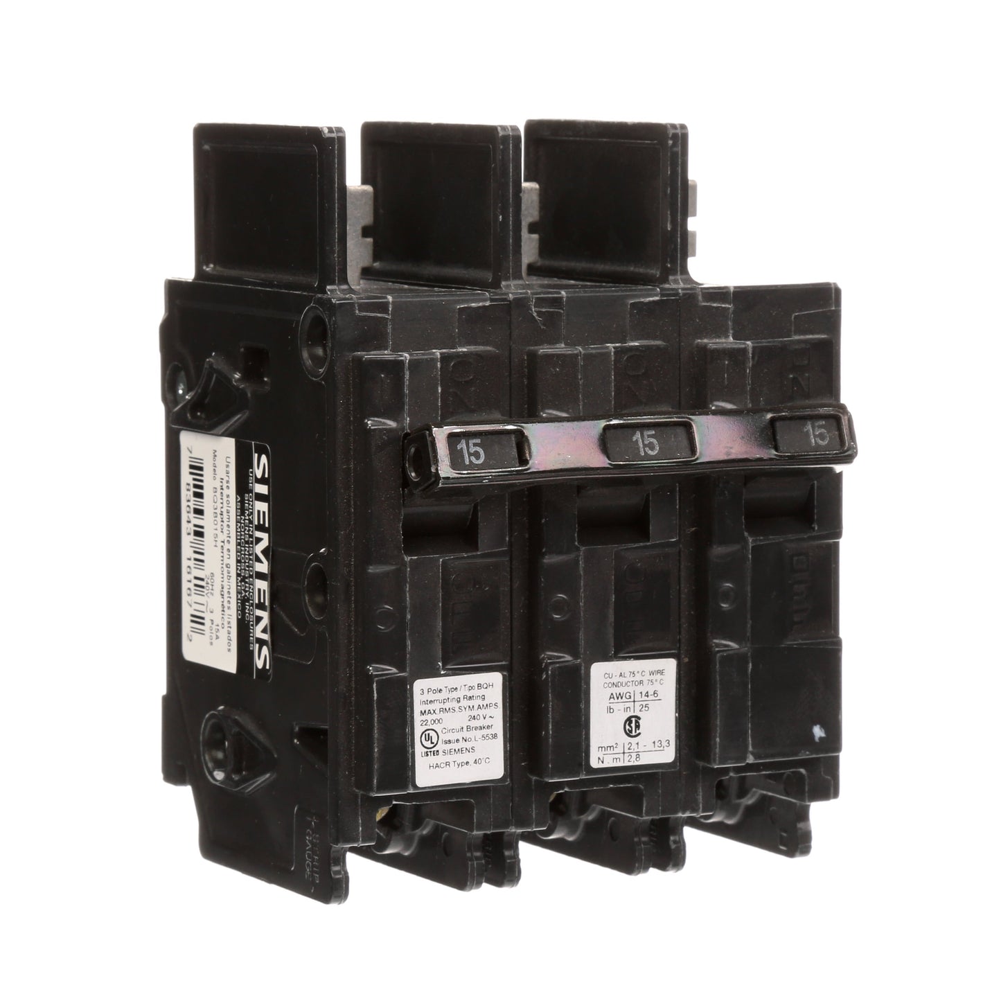 Siemens BQ3B015H Molded Case Circuit Breaker | 240V 15A 3P 22kA@240V Bolt-on BQ Series