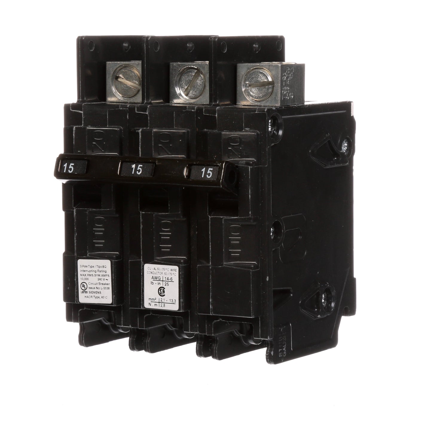 Siemens BQ3B015L Circuit Breaker | 240V 15A 3P 10kA@240V Feed-Thru BQ Series