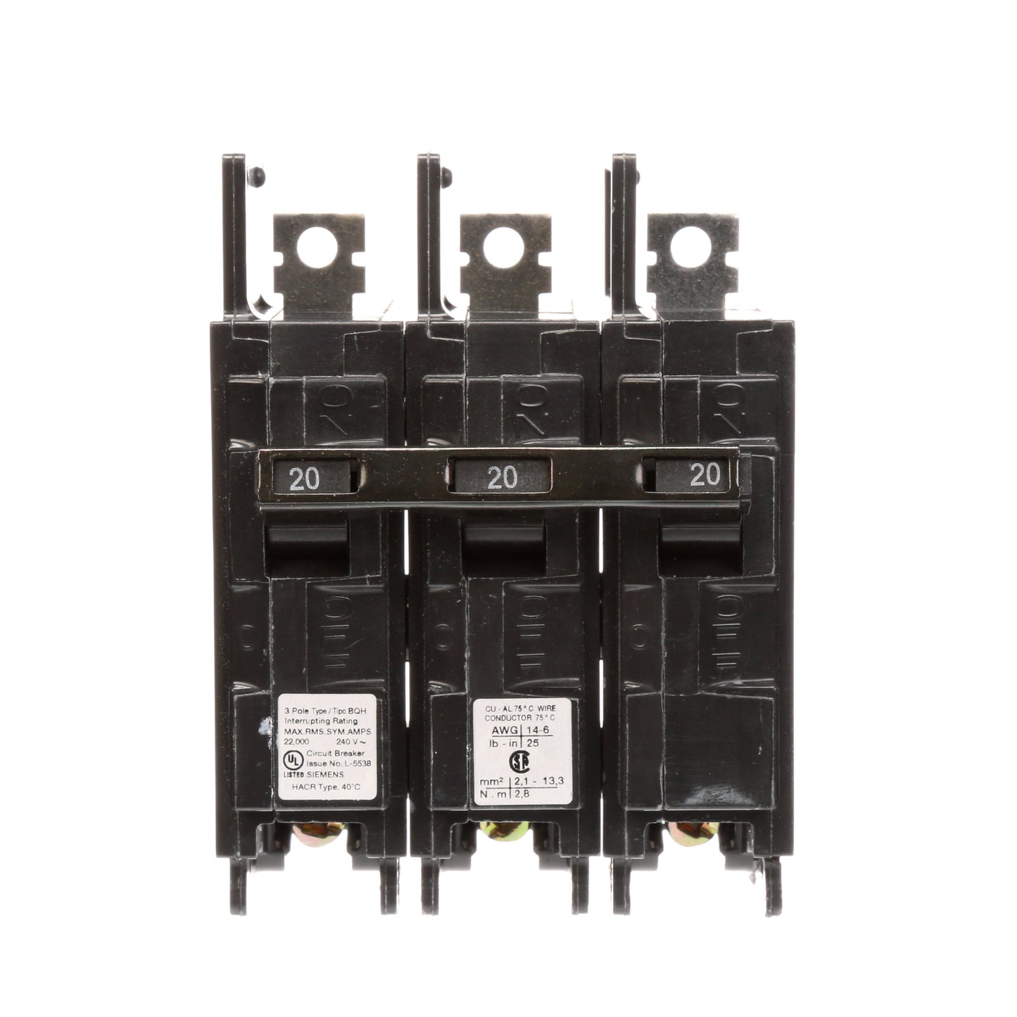 Siemens BQ3B020H Molded Case Circuit Breaker | 240V 20A 3P 22kA@240V Bolt-on BQ Series