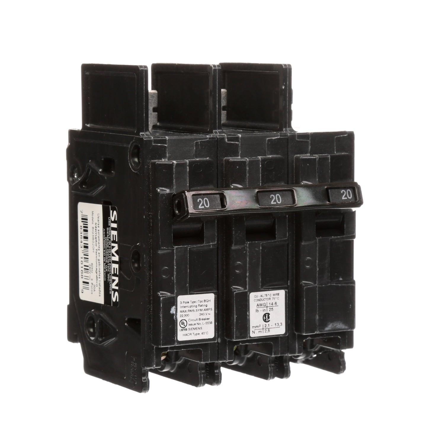Siemens BQ3B020H Molded Case Circuit Breaker | 240V 20A 3P 22kA@240V Bolt-on BQ Series