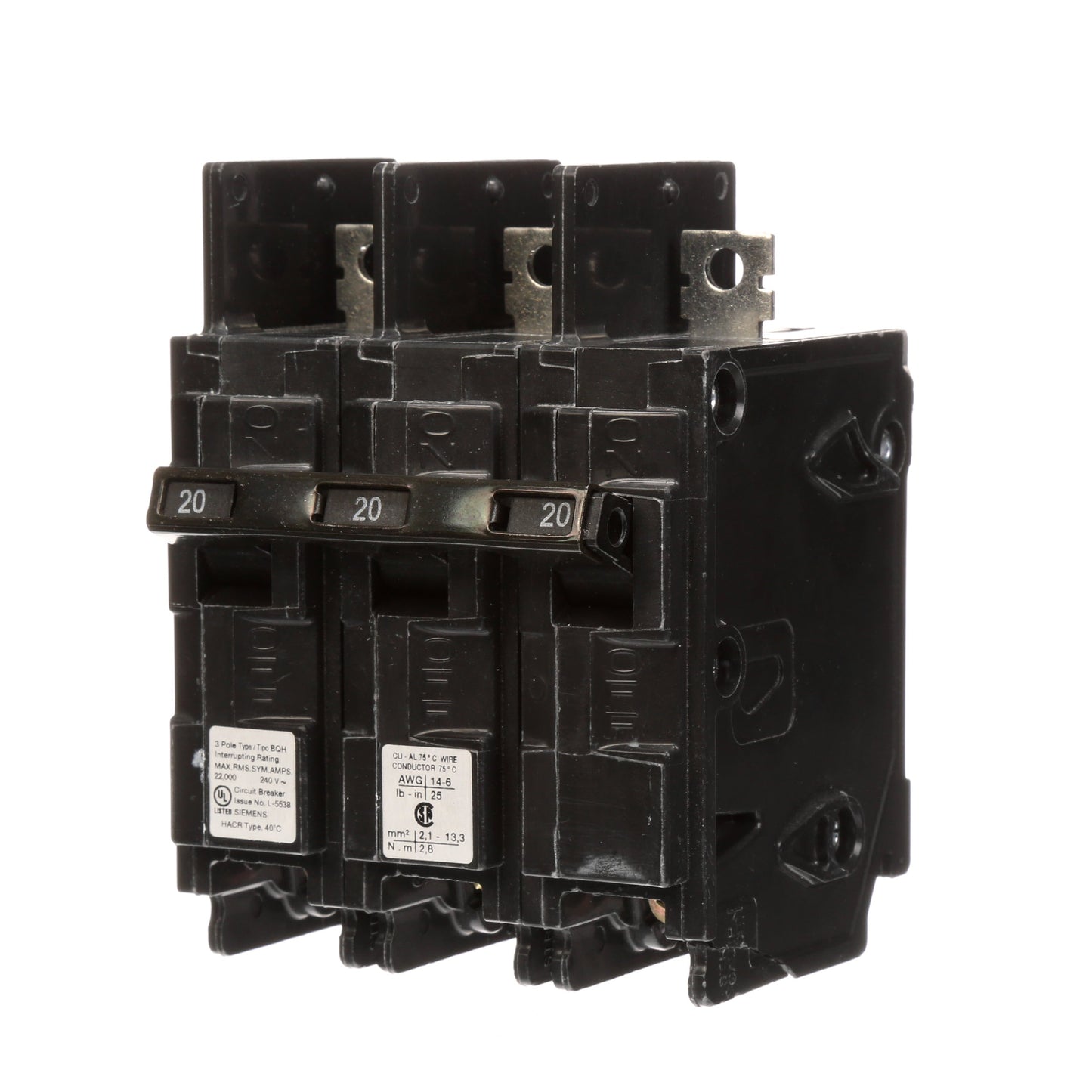 Siemens BQ3B020H Molded Case Circuit Breaker | 240V 20A 3P 22kA@240V Bolt-on BQ Series