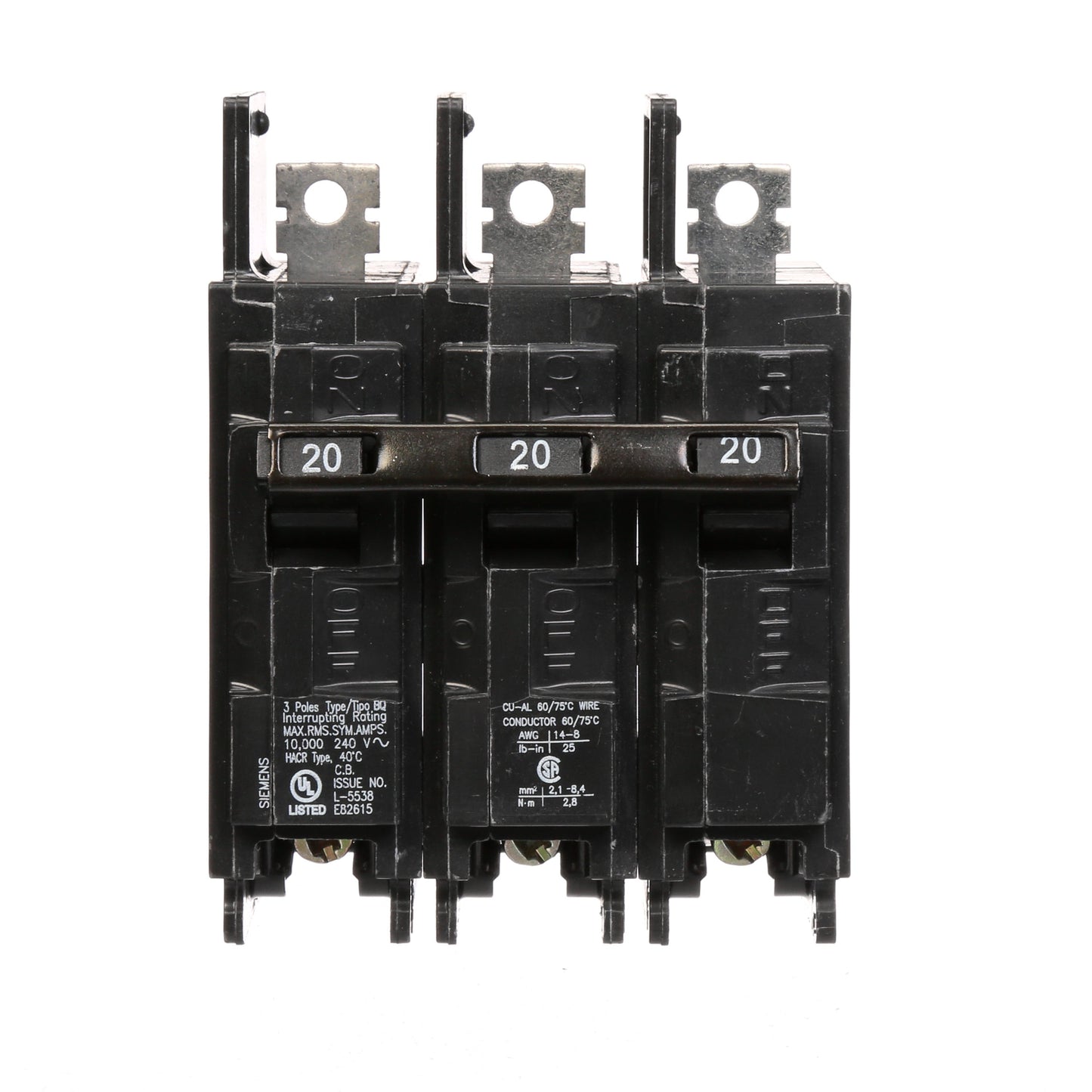 Siemens BQ3B020 Molded Case Circuit Breaker | 240V 20A 3P 10kA@240V Bolt-on BQ Series