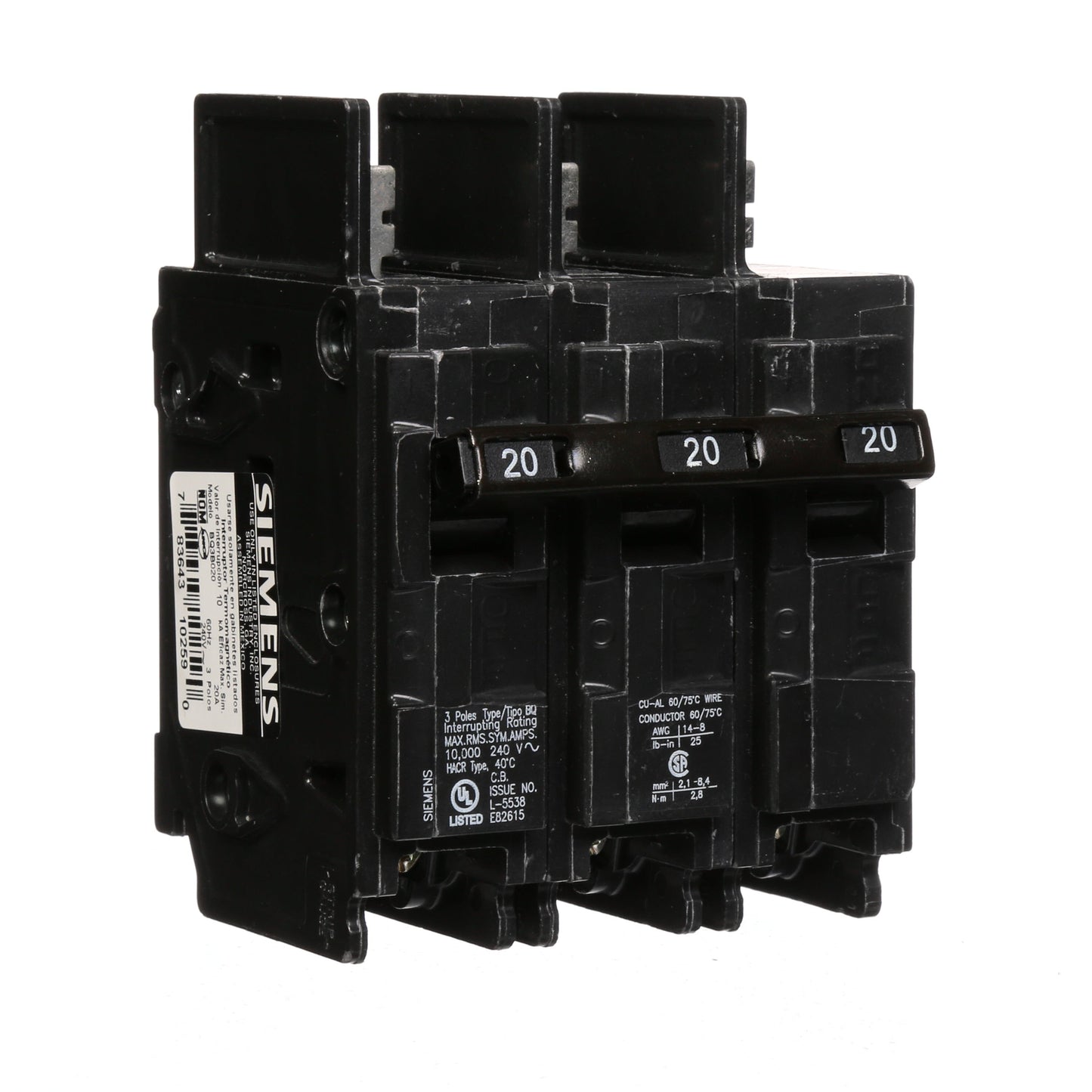 Siemens BQ3B020 Molded Case Circuit Breaker | 240V 20A 3P 10kA@240V Bolt-on BQ Series