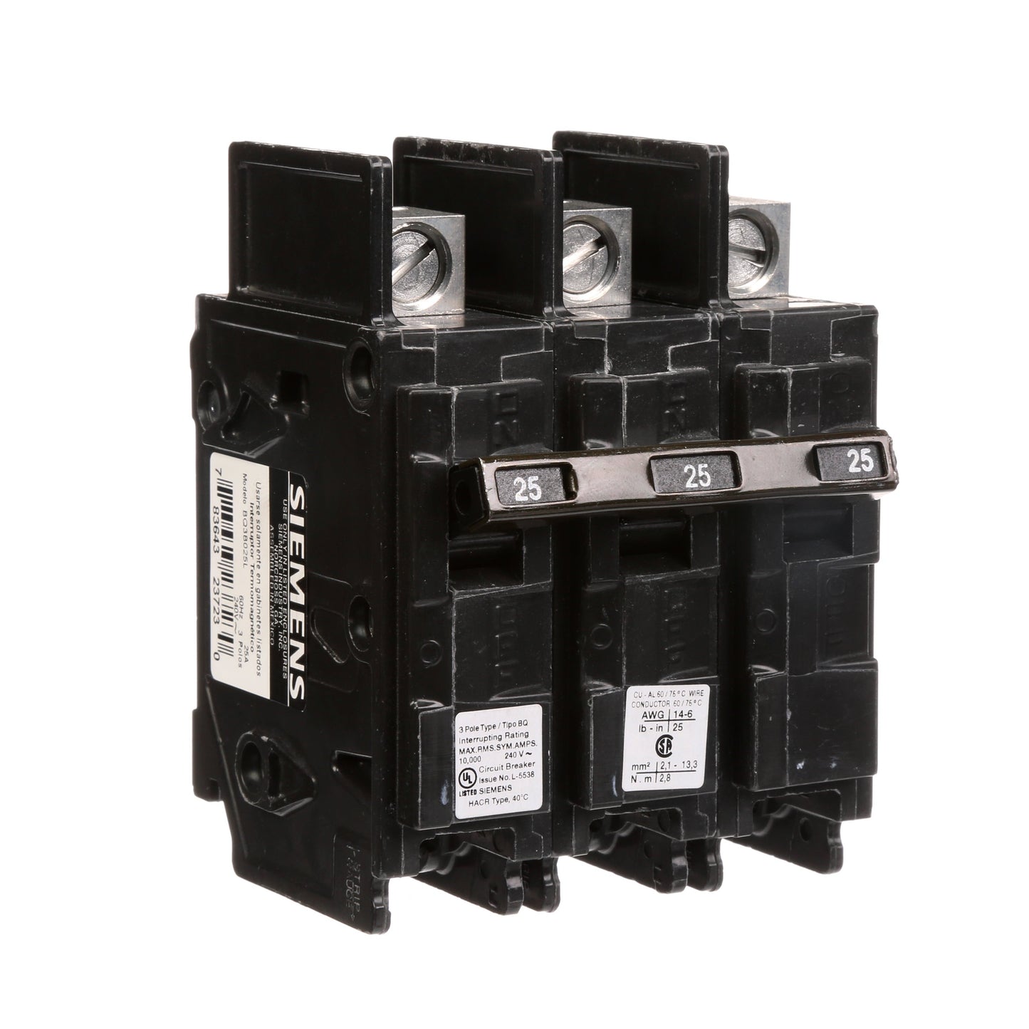 Siemens BQ3B025L Circuit Breaker | 240V 25A 3P 10kA@240V Feed-Thru BQ Series