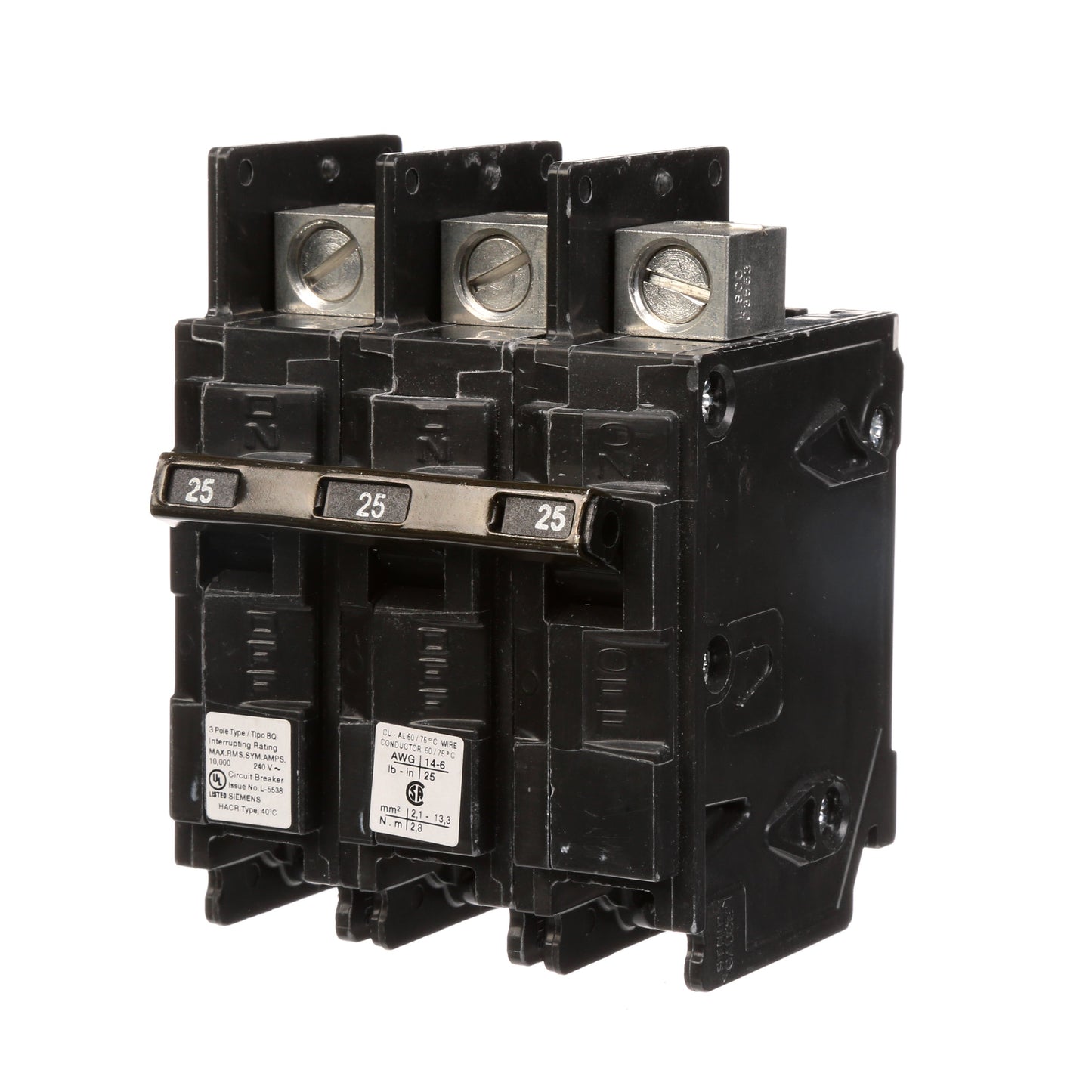 Siemens BQ3B025L Circuit Breaker | 240V 25A 3P 10kA@240V Feed-Thru BQ Series