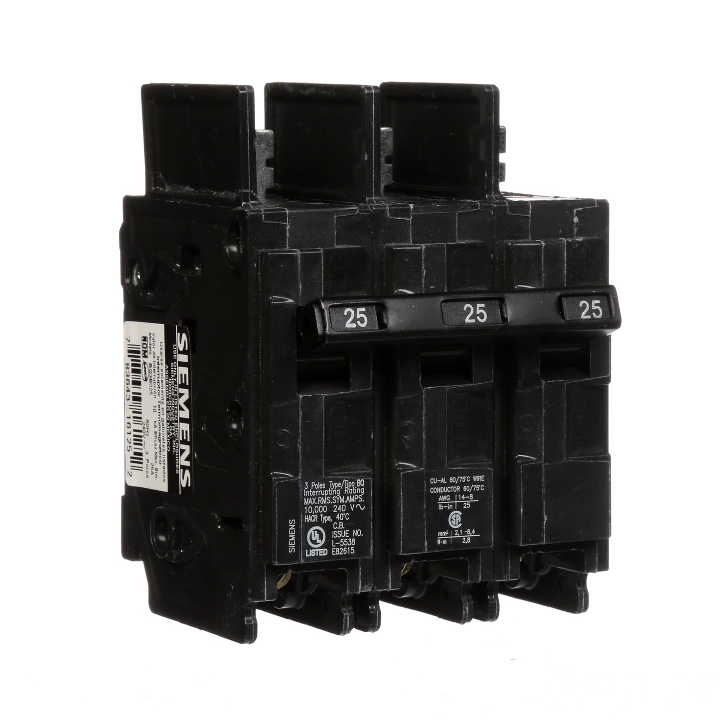 Siemens BQ3B025 Circuit Breaker | 240V 25A 3P 10kA@240V Bolt-on BQ Series