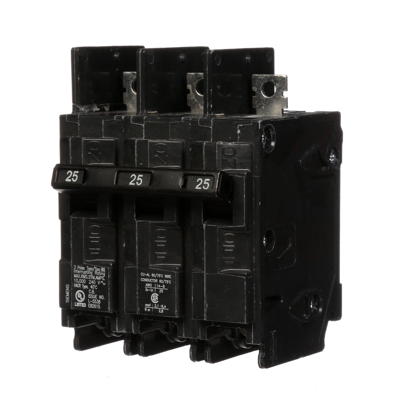 Siemens BQ3B025 Circuit Breaker | 240V 25A 3P 10kA@240V Bolt-on BQ Series