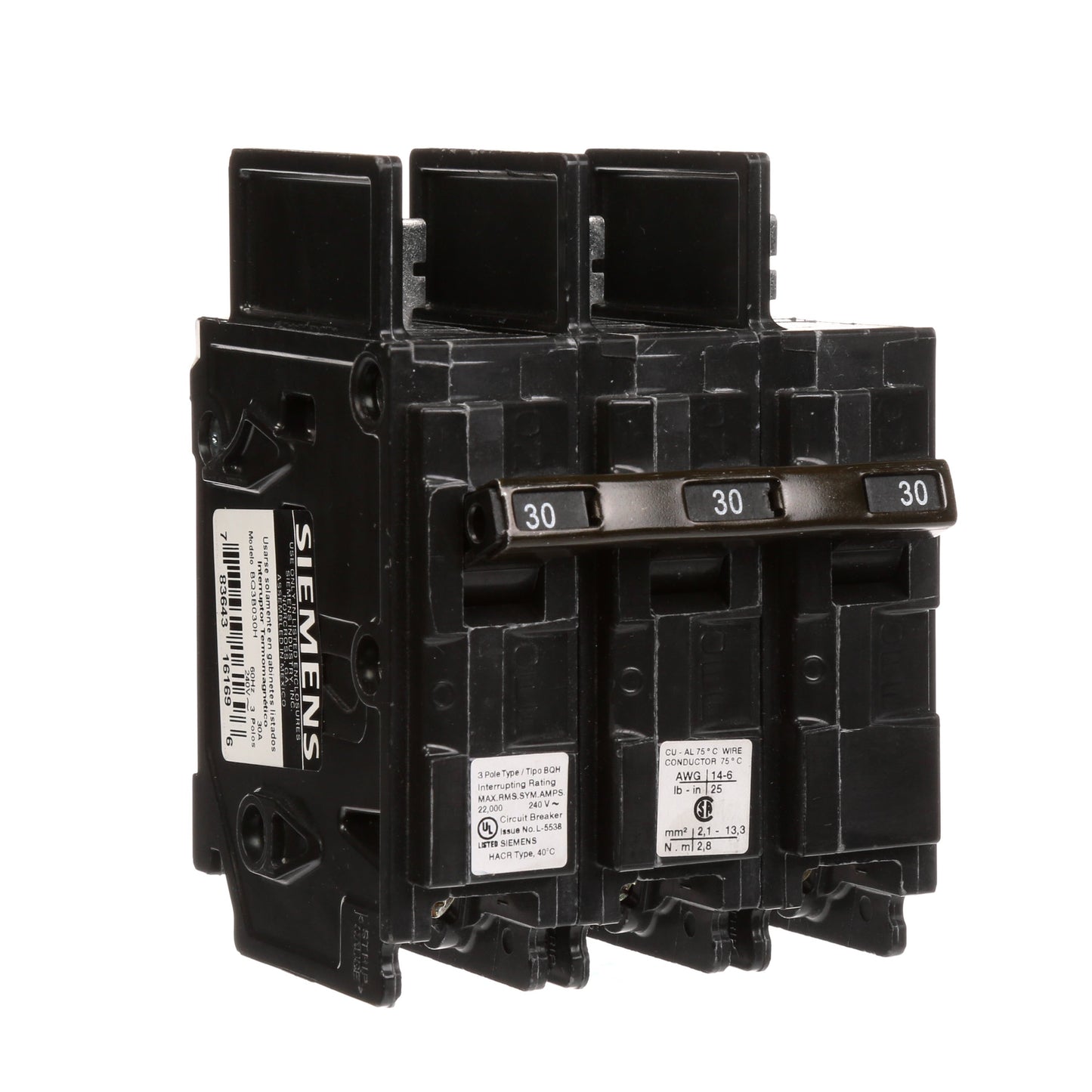 Siemens BQ3B030H Molded Case Circuit Breaker | 240V 30A 3P 22kA@240V Bolt-on BQ Series
