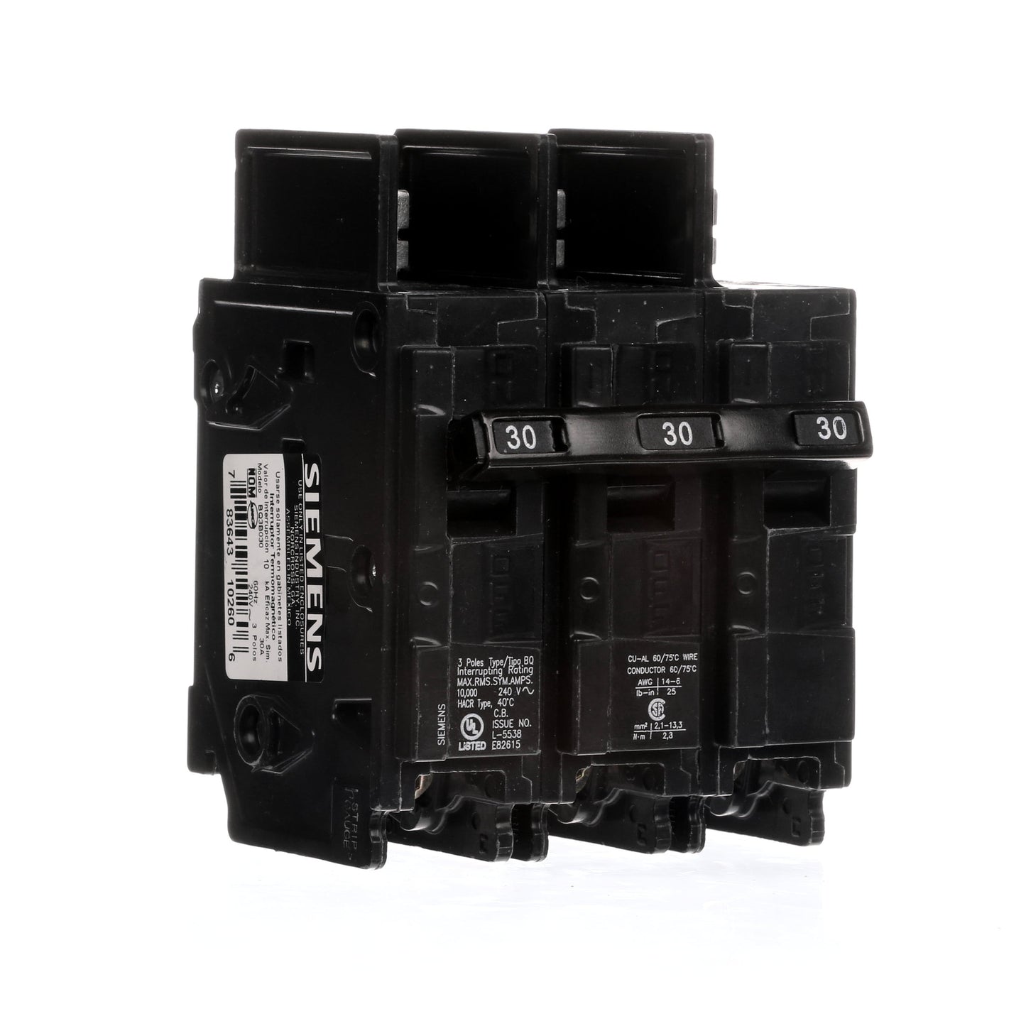 Siemens BQ3B030 Circuit Breaker | 240V 30A 3P 10kA@240V Bolt-on BQ Series