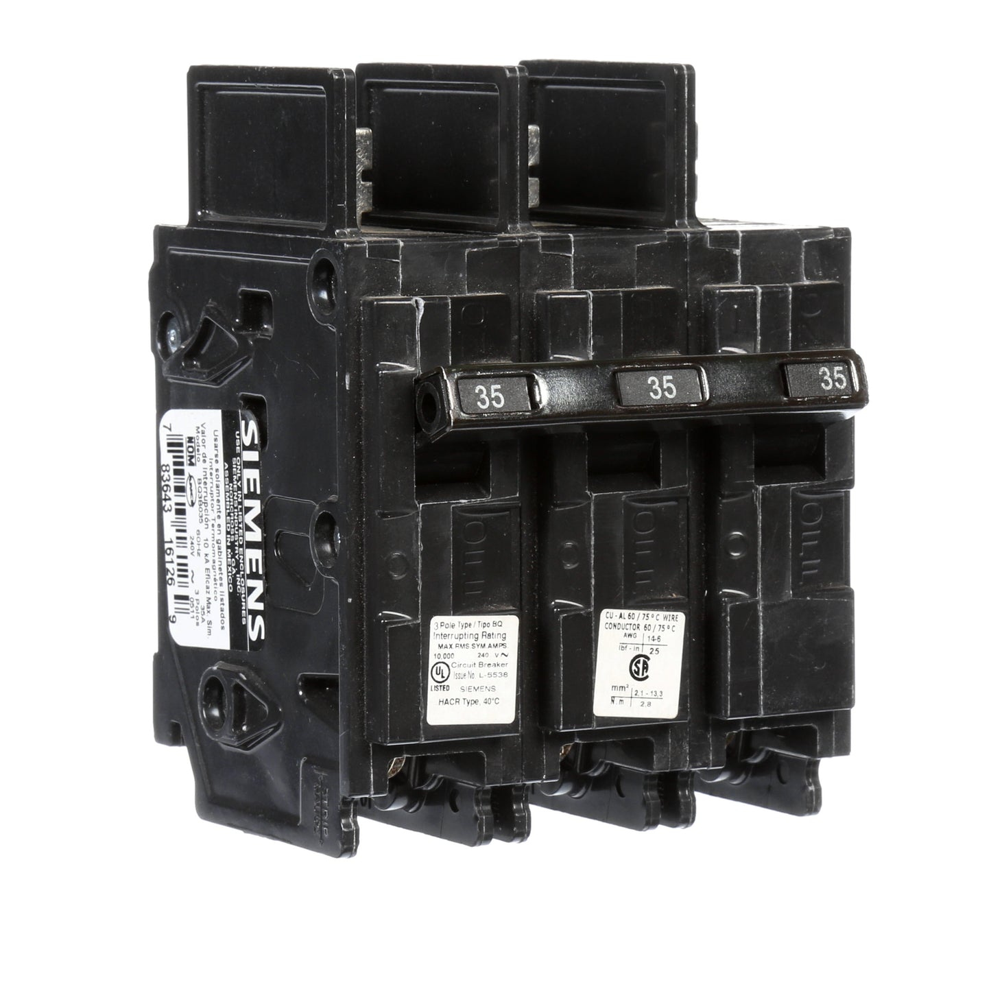 Siemens BQ3B035 Circuit Breaker | 240V 35A 3P 10kA@240V Bolt-On BQ Series