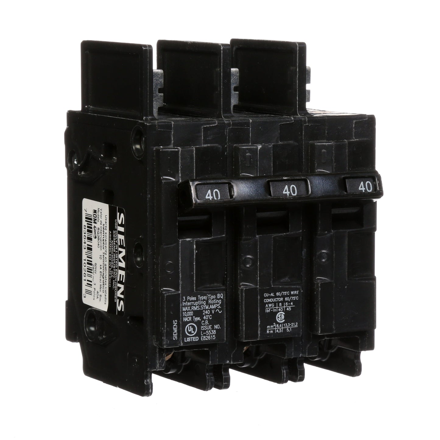 Siemens BQ3B040 Molded Case Circuit Breaker | 240V 40A 3P Bolt-on 10kA@240V BQ Series