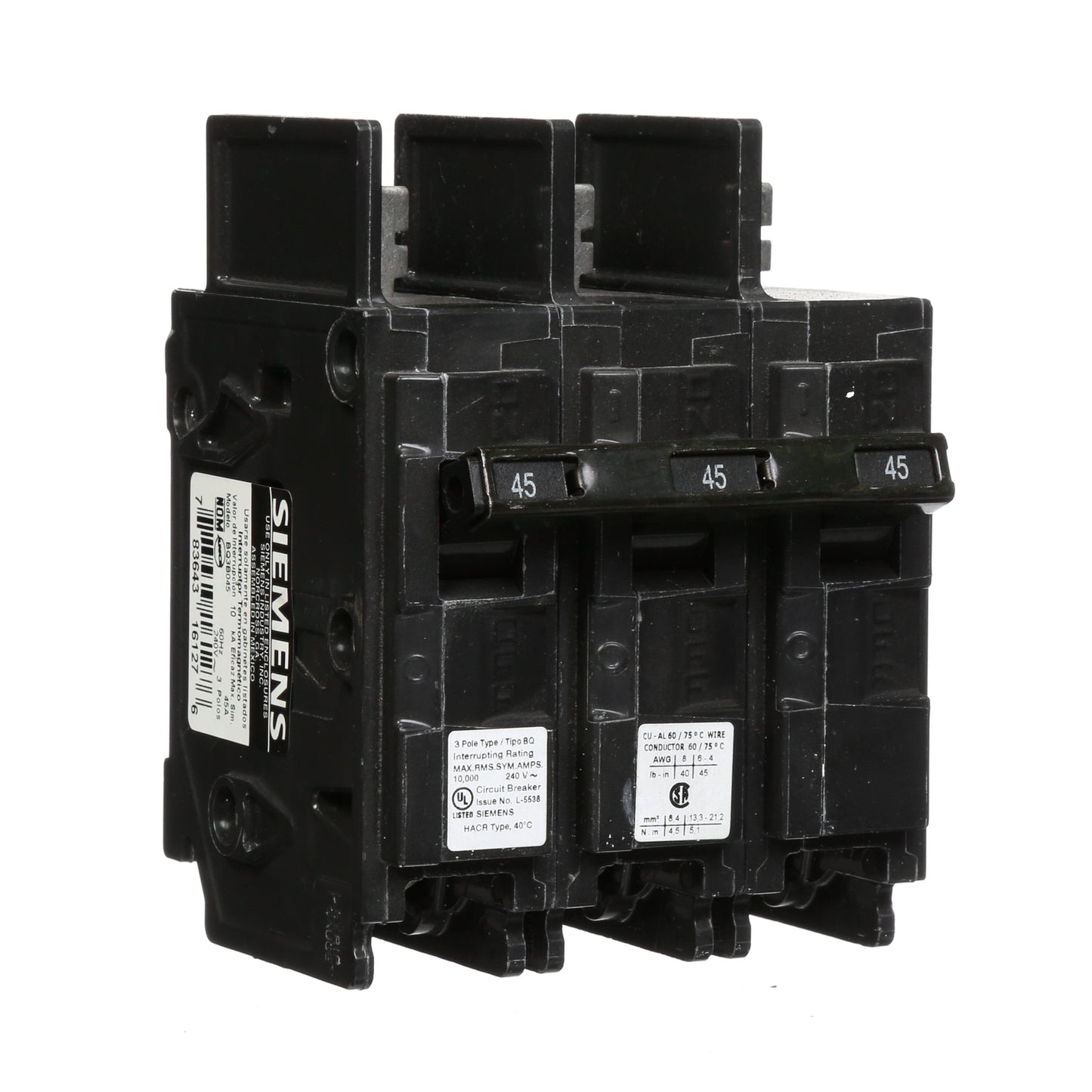Siemens BQ3B045 Circuit Breaker | 240V 45A 3P 10kA@240V Bolt-on BQ Series