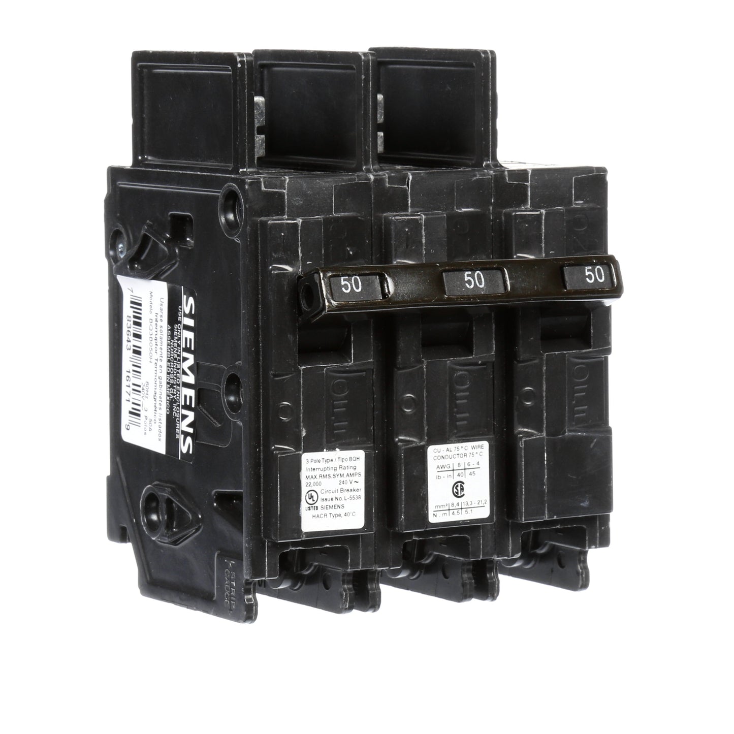 Siemens BQ3B050H Circuit Breaker | 240V 50A 3P 22kA@240V Bolt-on BQ Series
