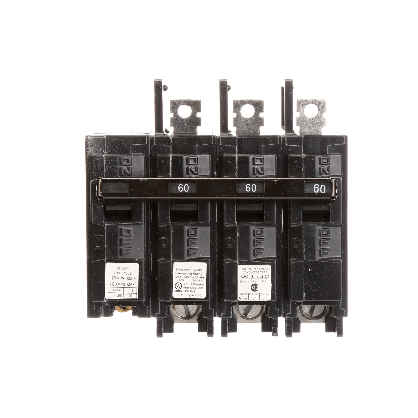 Siemens BQ3B06000S01 Molded Case Circuit Breaker | 240V 60A 3P 10kA@240V Bolt-on BQ Series