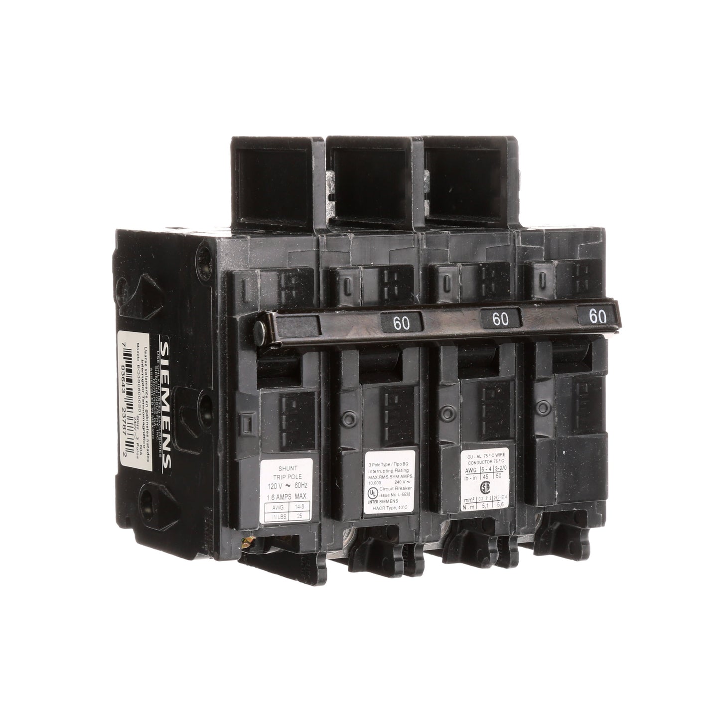 Siemens BQ3B06000S01 Molded Case Circuit Breaker | 240V 60A 3P 10kA@240V Bolt-on BQ Series