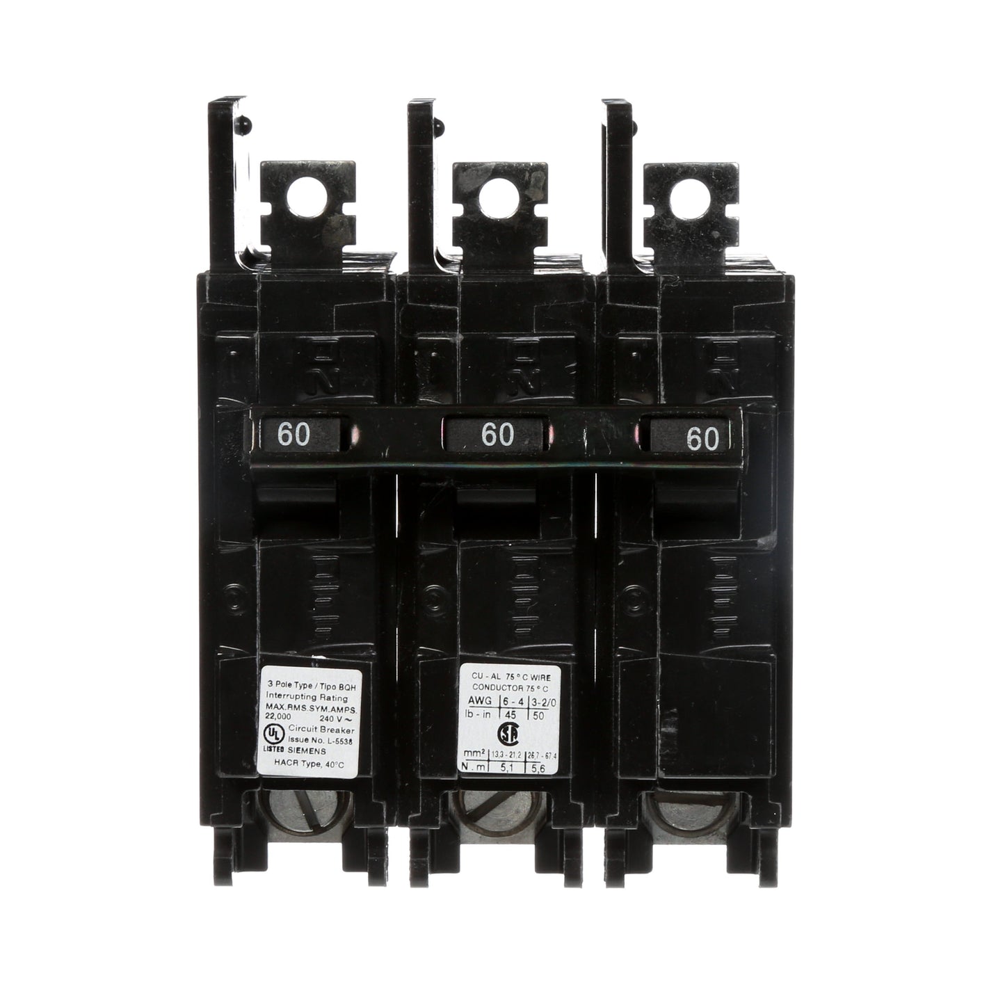 Siemens BQ3B060H Molded Case Circuit Breaker | 240V 60A 3P 22kA@240V Bolt-on BQ Series