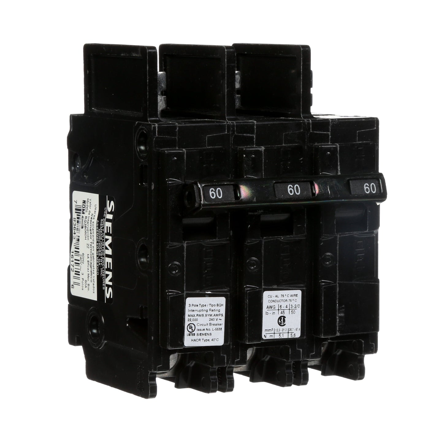 Siemens BQ3B060H Molded Case Circuit Breaker | 240V 60A 3P 22kA@240V Bolt-on BQ Series