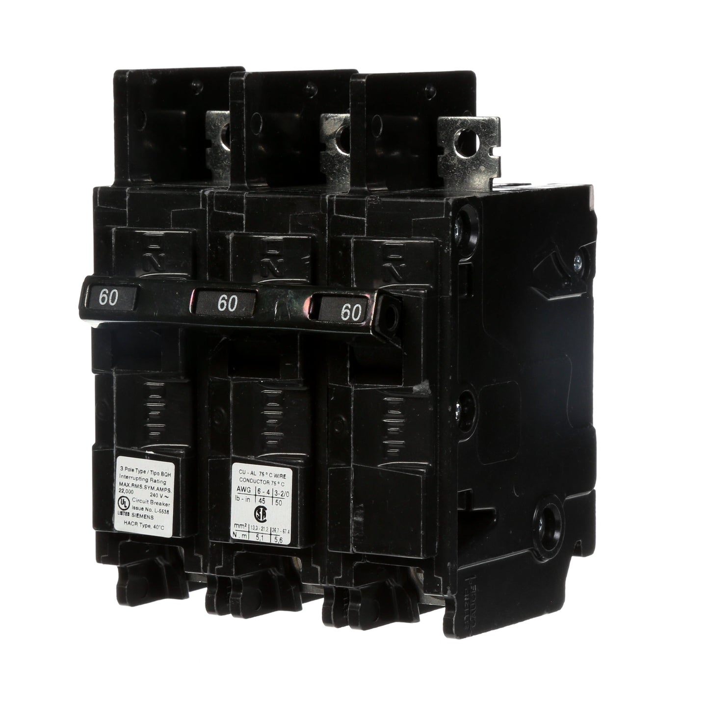 Siemens BQ3B060H Molded Case Circuit Breaker | 240V 60A 3P 22kA@240V Bolt-on BQ Series