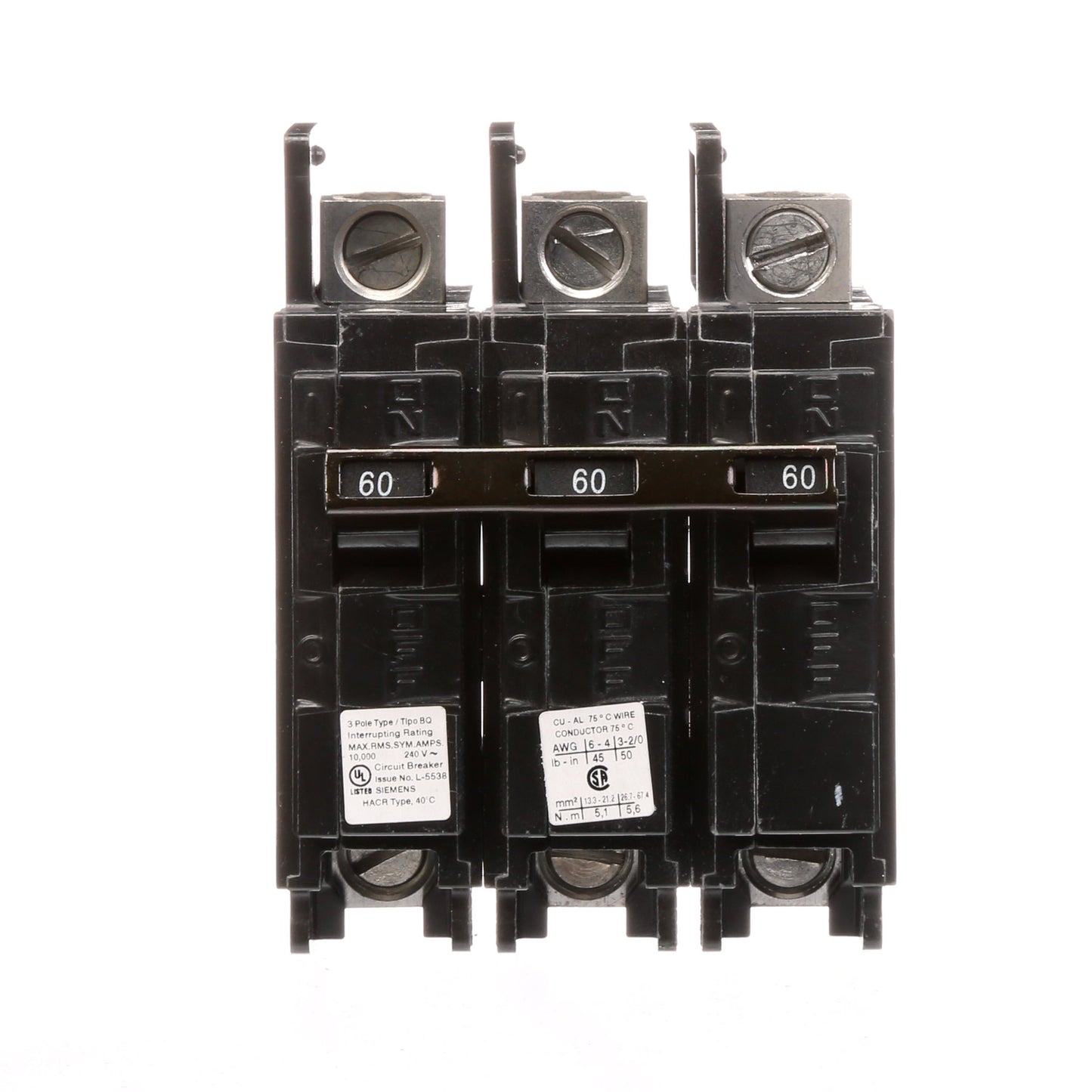 Siemens BQ3B060L Circuit Breaker | 240V 60A 3P 10kA@240V Feed-Thru BQ Series