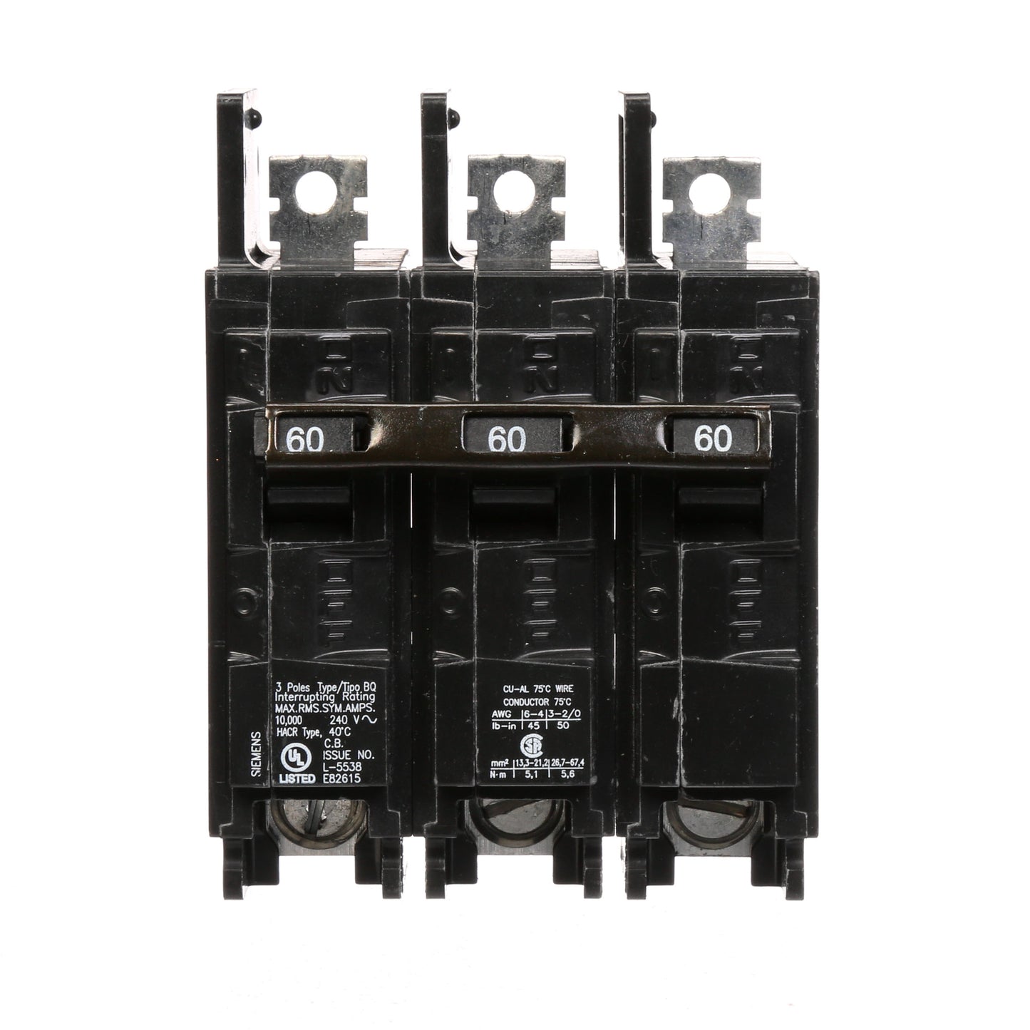 Siemens BQ3B060 Molded Case Circuit Breaker | 240V 60A 3P 10kA@240V Bolt-on BQ Series