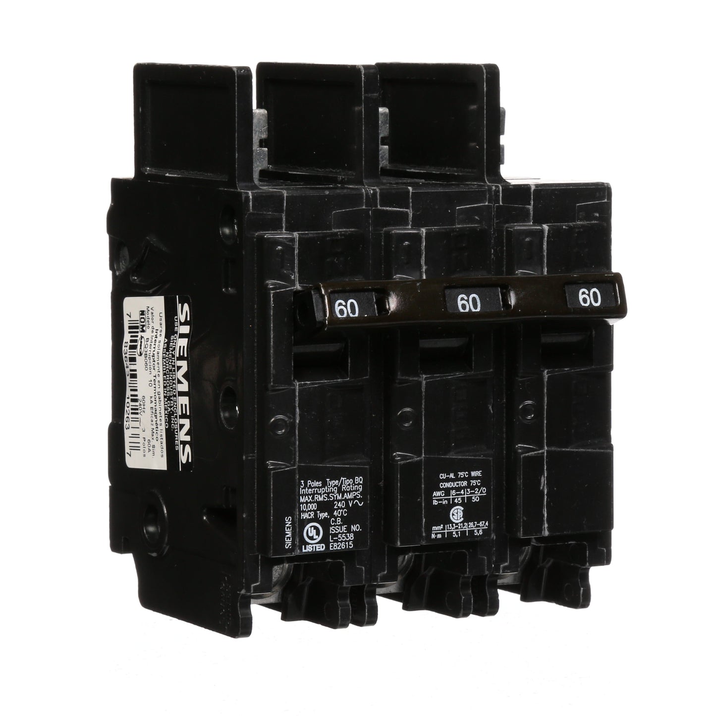 Siemens BQ3B060 Molded Case Circuit Breaker | 240V 60A 3P 10kA@240V Bolt-on BQ Series