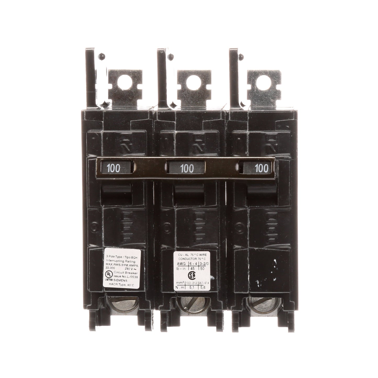 Siemens BQ3B100H Circuit Breaker | 240V 100A 3P 22kA@240V Bolt-on BQ Series