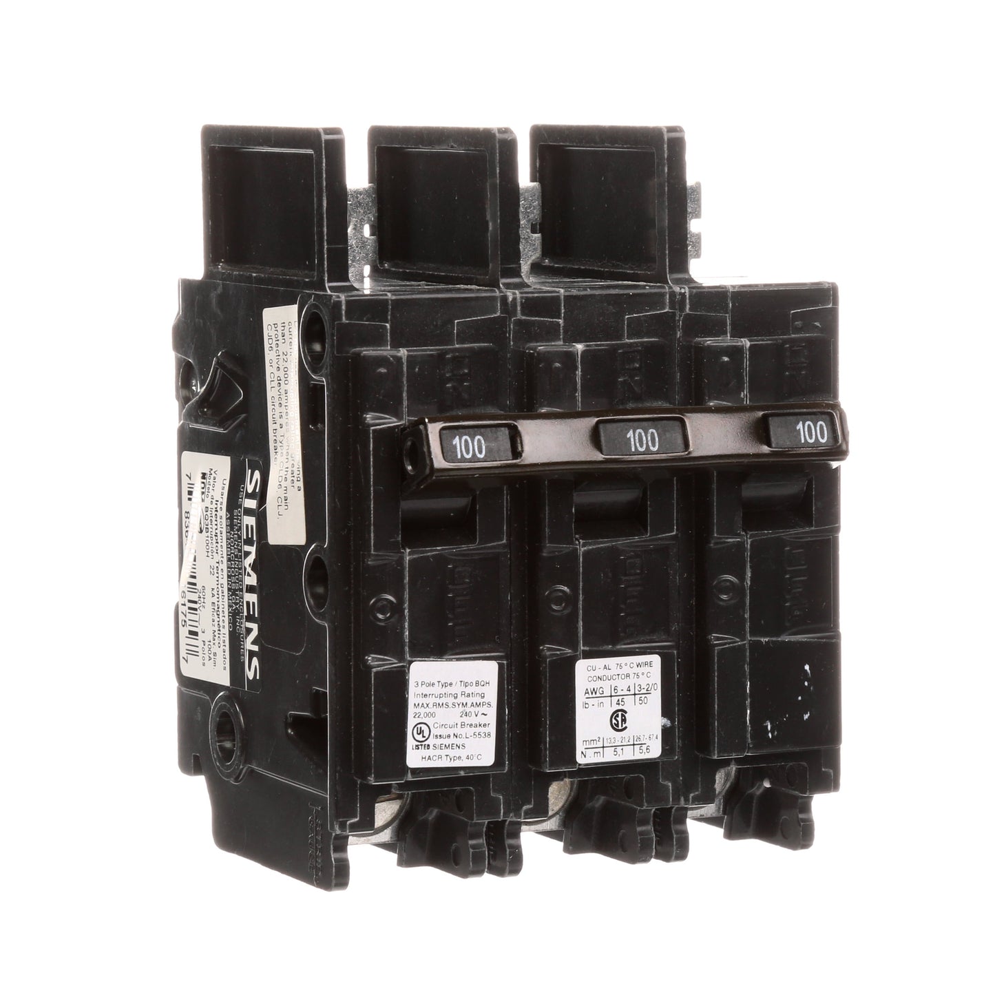Siemens BQ3B100H Circuit Breaker | 240V 100A 3P 22kA@240V Bolt-on BQ Series