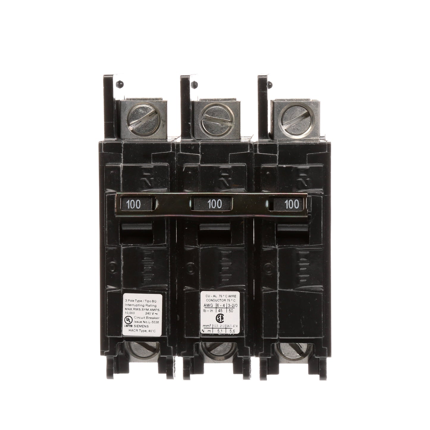 Siemens BQ3B100L Circuit Breaker | 240V 100A 3P 10kA@240V Feed-Thru BQ Series