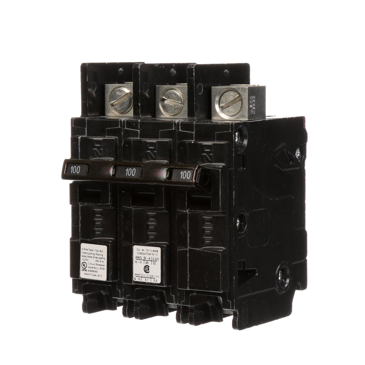 Siemens BQ3B100L Circuit Breaker | 240V 100A 3P 10kA@240V Feed-Thru BQ Series