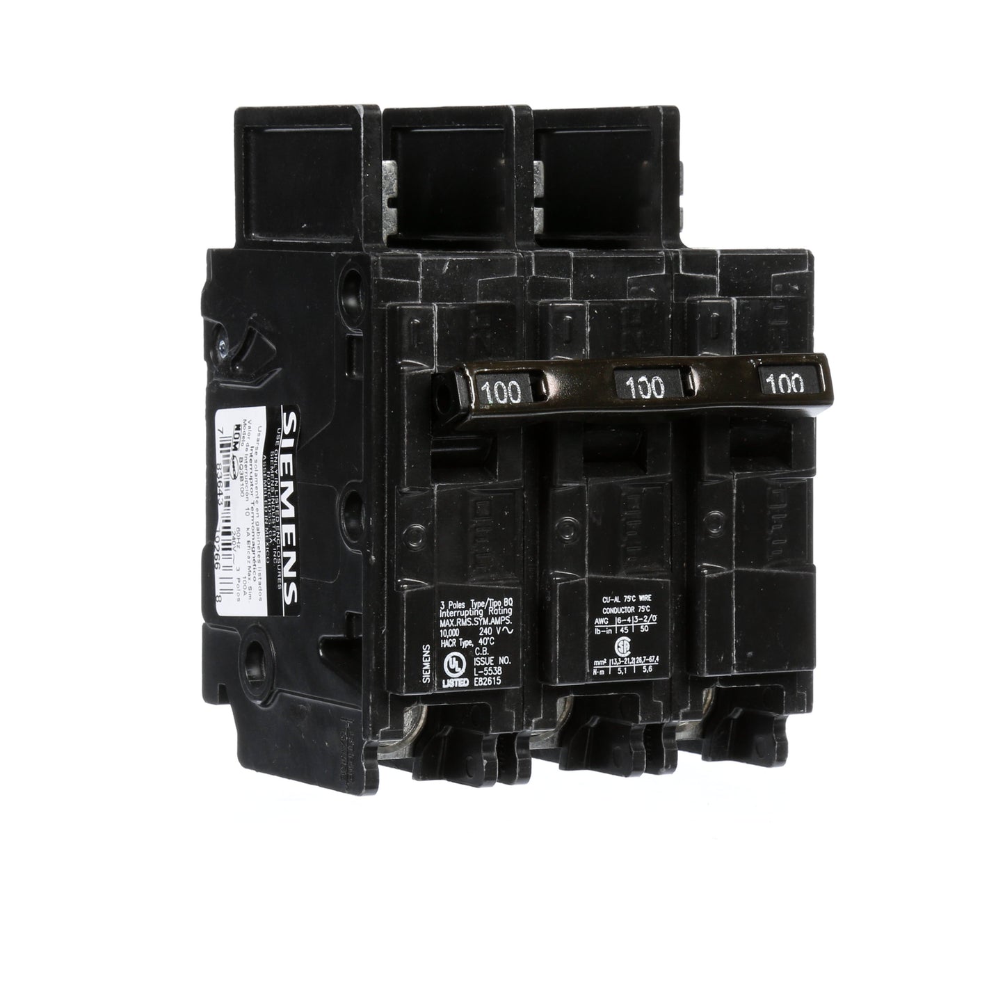 Siemens BQ3B100 Circuit Breaker | 240V 100A 3P 10kA@240V Bolt-on BQ Series