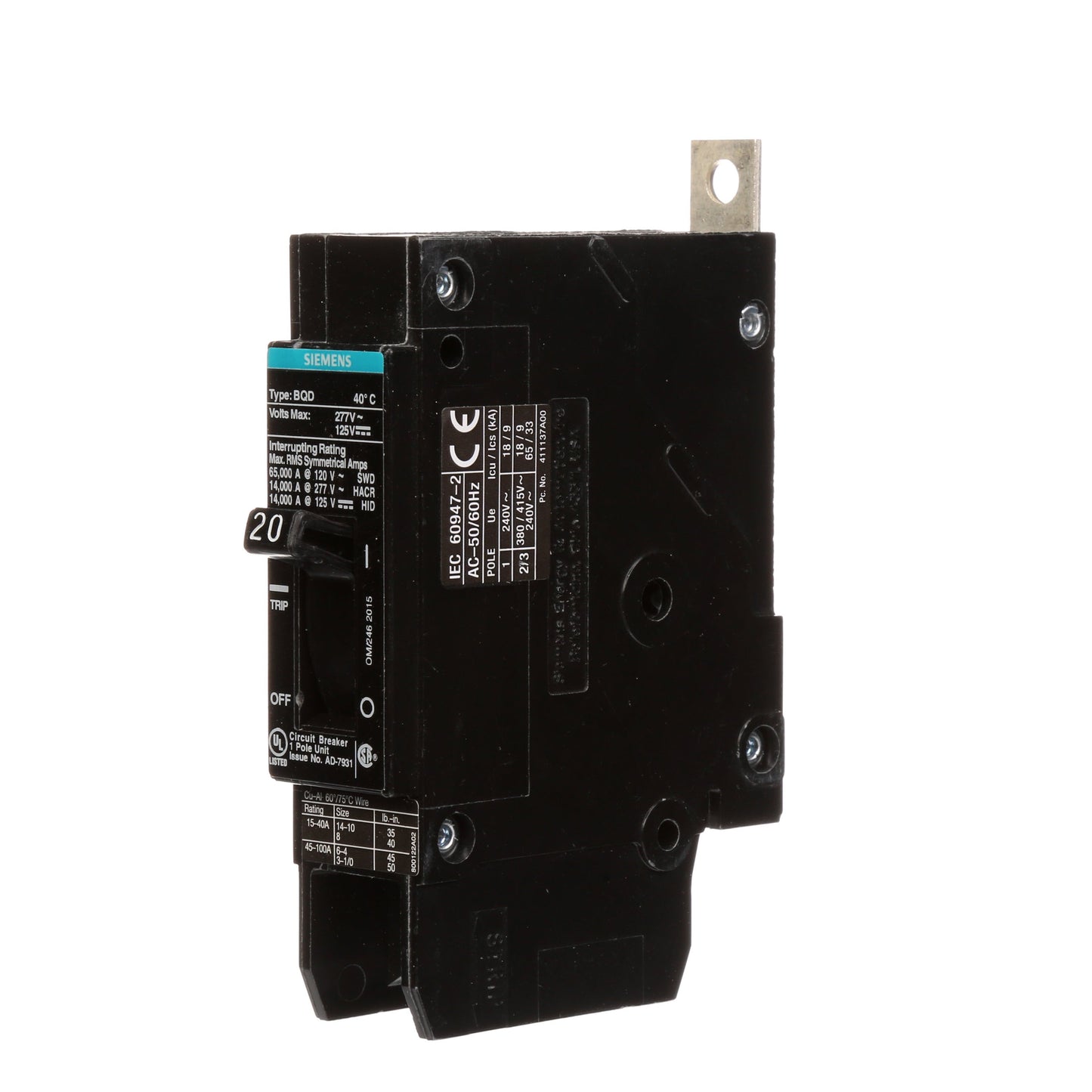 Siemens BQD120 Circuit Breaker | 277V 20A 1P 14kA@277V Bolt-on BQD Series
